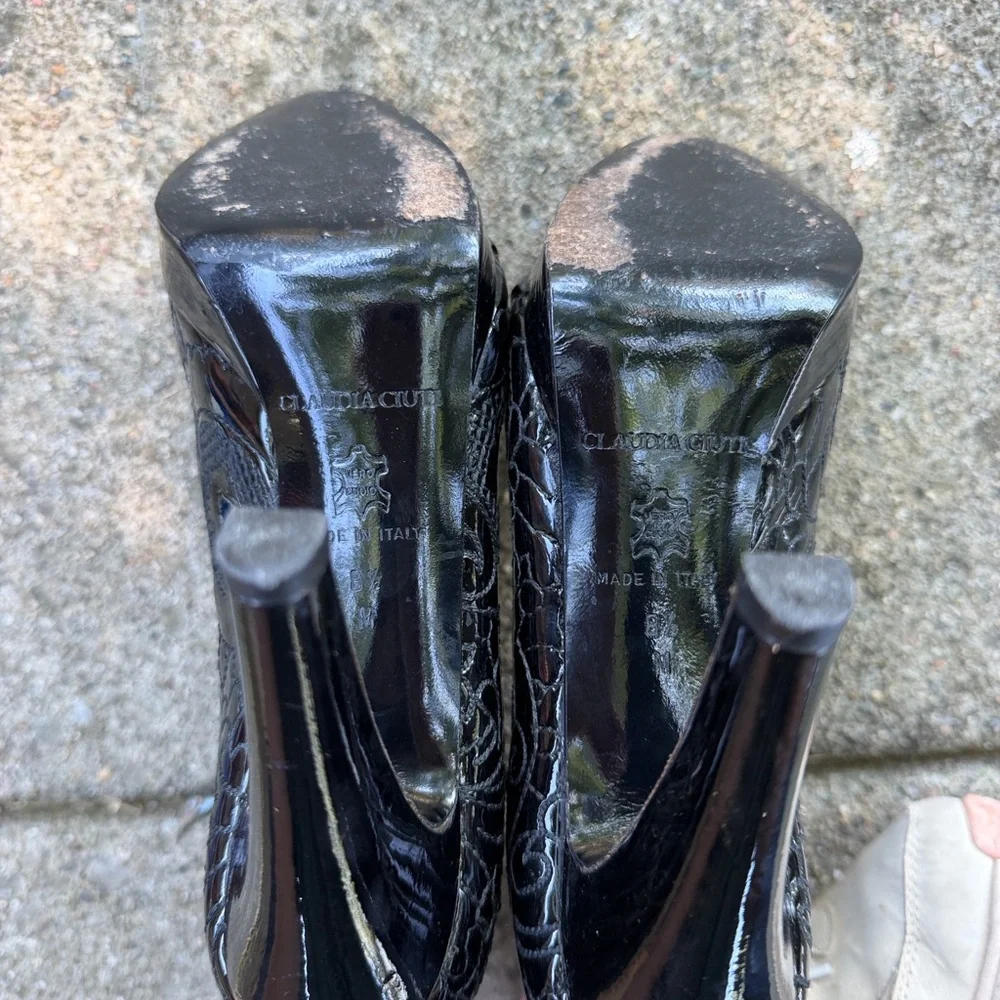 Women's Black Embossed Patent Ankle Booties with High Heel